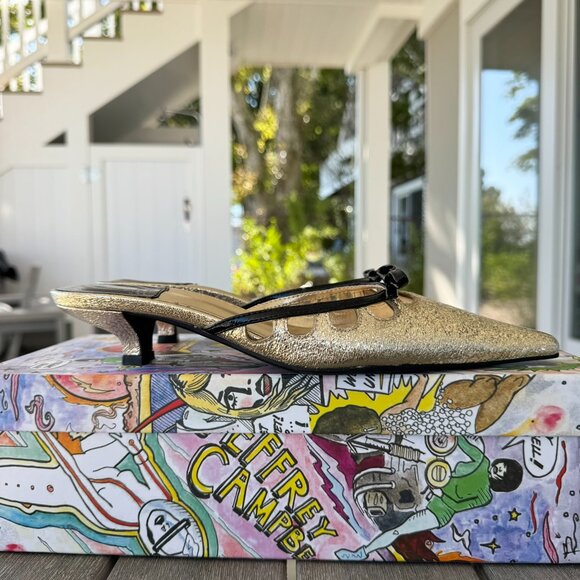 New Jeffrey Campbell Solitude Pointed Kitten Heels Mules Gold Black Womens 6.5 - Picture 13 of 16